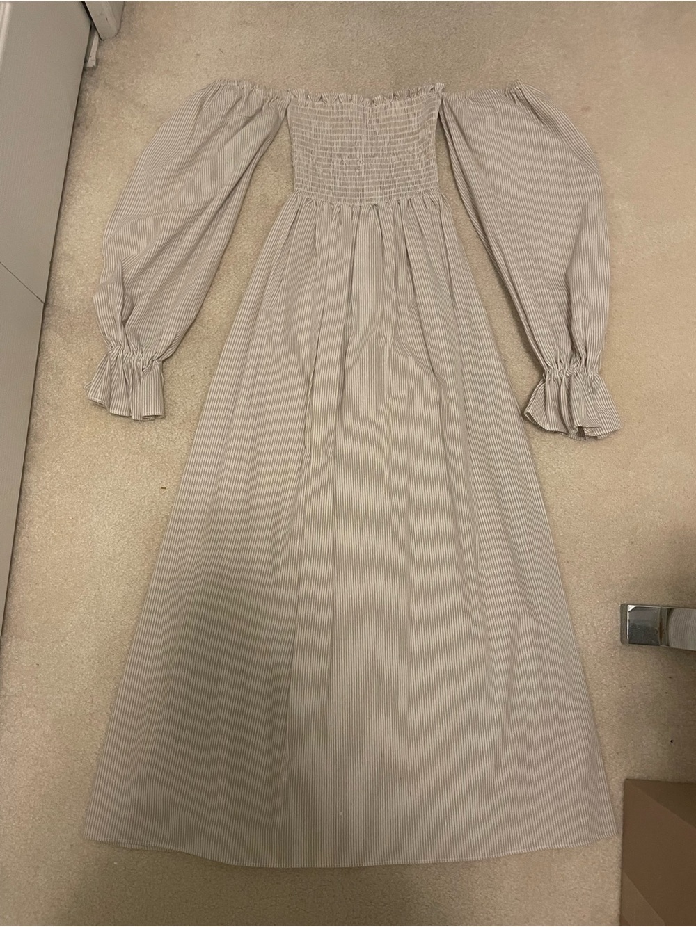 Petal & Pup Beige Striped Off-Shoulder Maxi Dress